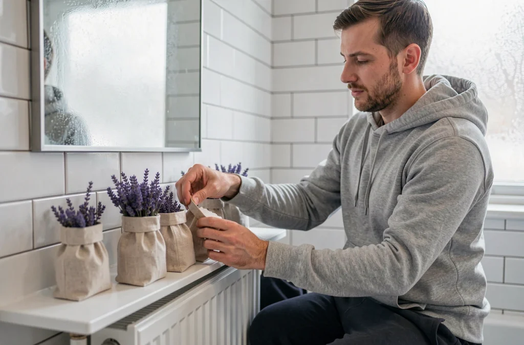 Homme disposant des sachets de bicarbonate et lavande sur un radiateur de salle de bain pour absorber les odeurs d'humidité hivernale