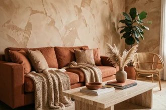 Salon contemporain avec canapé en lin terracotta, coussins argile et table basse en travertin dans une ambiance chaleureuse