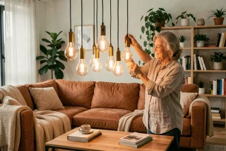 Femme ajustant un luminaire modulable au-dessus d'une table basse dans un salon moderne et chaleureux