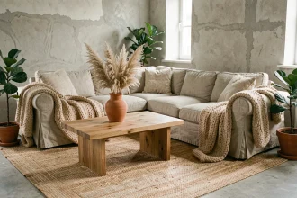 Salon scandinave décoré avec des matières naturelles comme le lin, la laine, le bois de chêne et la céramique terracotta