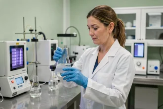 Scientifique en laboratoire analysant de l'eau traitée par des méthodes de désinfection écologiques alternatives au chlore