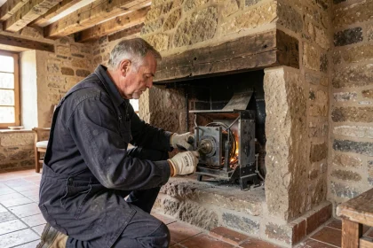 Technicien réglant un insert à granulés dans une ancienne cheminée en pierre dans une maison de campagne française