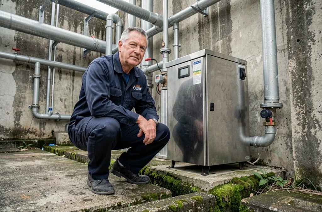 Technicien installant un système de purification UV de l'eau en alternative écologique au chlore dans une infrastructure municipale