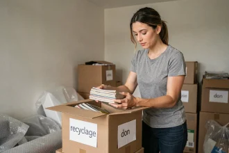 Femme triant ses affaires dans des cartons recyclables lors d'un déménagement écoresponsable