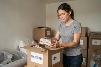 Femme triant ses affaires dans des cartons recyclables lors d'un déménagement écoresponsable