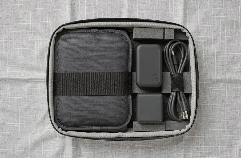 Vue en plongée d'une trousse de voyage organisée avec des appareils électroniques protégés et des câbles rangés, accessoires de transport sécurisé