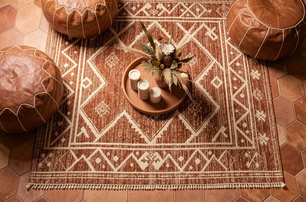 Vue du dessus d'un salon avec tapis marocain terracotta, poufs en cuir rouille et plateau en argile sur carrelage hexagonal