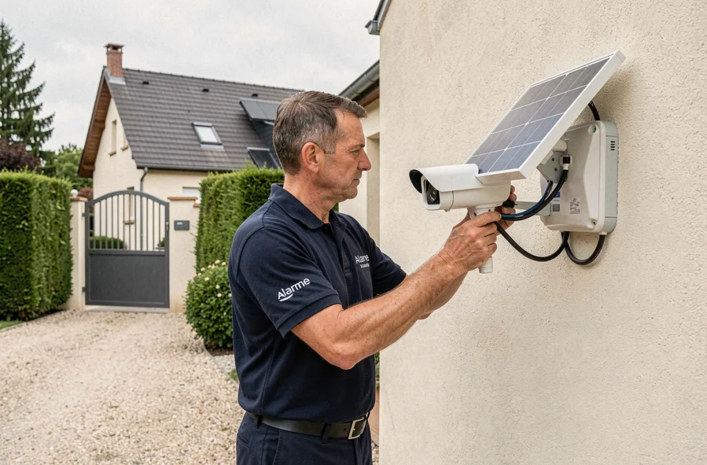 Technicien Alarme Sécurité Vidéo installant un système de caméra de surveillance alimenté par panneau solaire sur une propriété résidentielle