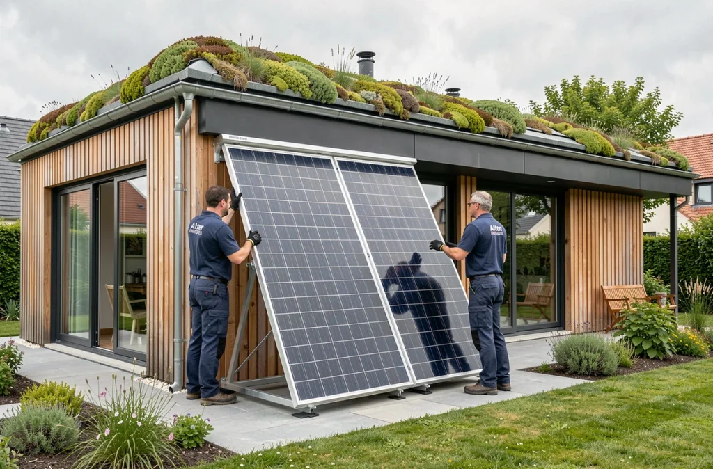 Équipe Alter Energies posant des panneaux solaires sur une maison écologique moderne avec toiture végétalisée