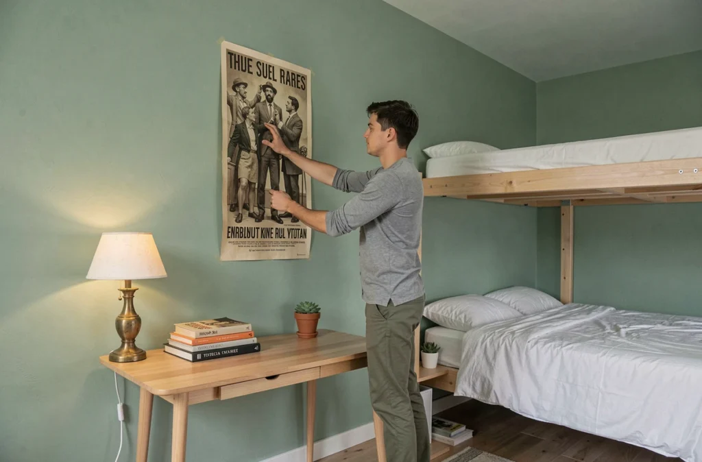 Jeune homme aménageant un studio étudiant stylé avec petits budgets et décoration murale vintage