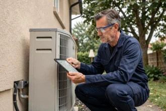 Artisan spécialiste en rénovation énergétique inspectant une pompe à chaleur installée sur une maison individuelle