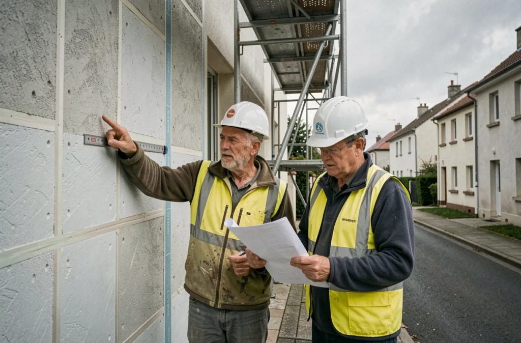 Deux artisans examinant un chantier d'isolation par l'extérieur sur une maison en rénovation énergétique