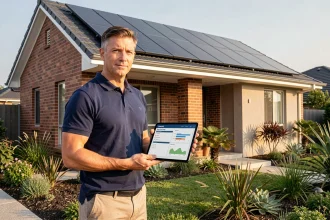 Conseiller en rénovation énergétique devant une maison équipée de panneaux solaires lors d'un audit Eco Habitat Energie