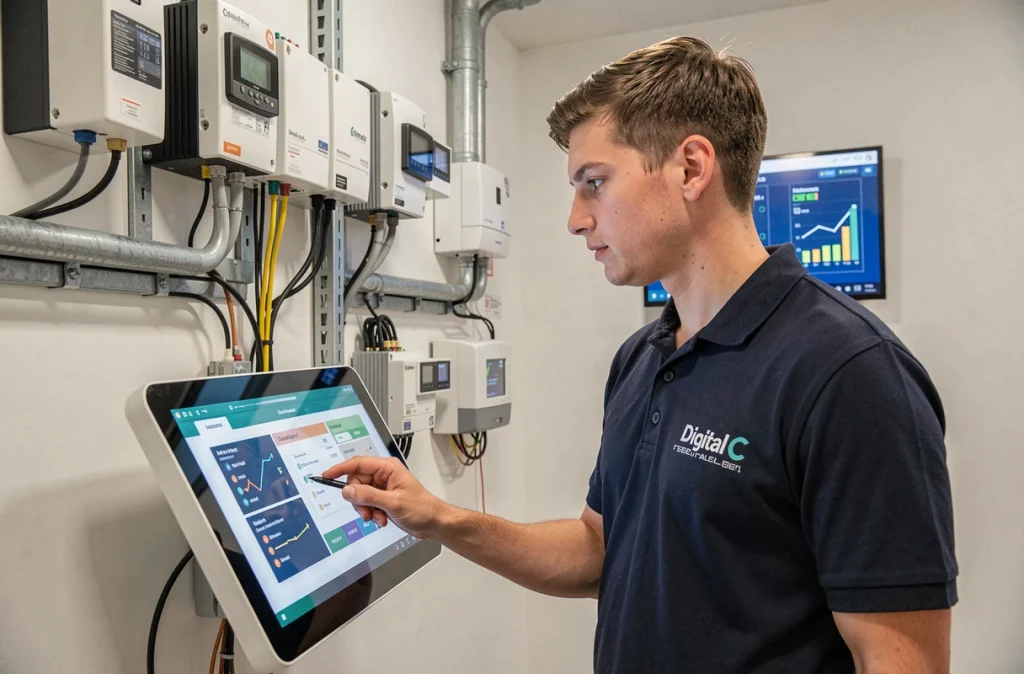 Technicien Digital C configurant un système de monitoring solaire intelligent dans la salle technique d'une maison moderne
