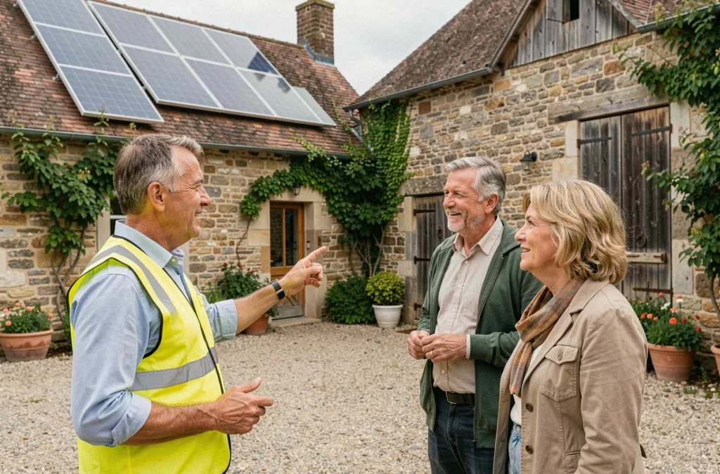 Conseiller Energies Choletaises discutant avec des propriétaires devant leur ferme en pierre avec panneaux solaires installés