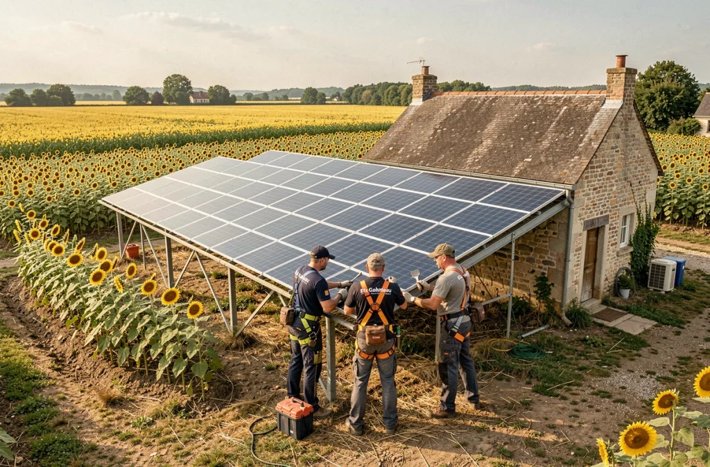 Équipe Ets Gaboriau finalisant l'installation d'un grand réseau photovoltaïque sur une ferme rénovée du XIXe siècle entourée de tournesols