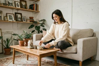 Étudiante décorant son studio avec des objets chinés, ambiance cosy et économique à Bordeaux