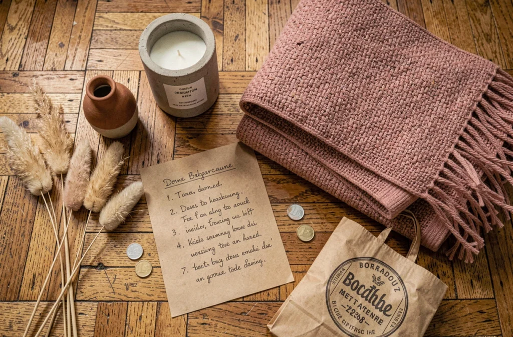 Flat lay de décorations abordables pour studio étudiant sur parquet bois, inspiration brocante bordeaux