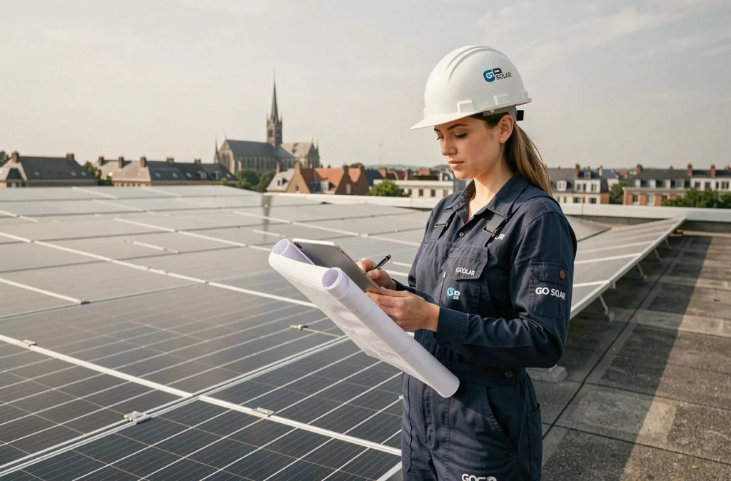 Technicienne GO SOLAR consultant des plans sur tablette sur un toit commercial couvert de panneaux photovoltaïques à Angers