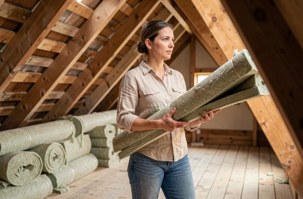 Artisane posant des panneaux d'isolation thermique dans des combles lors de travaux de rénovation énergétique