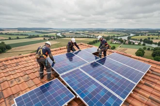 Équipe d'installateurs de panneaux solaires travaillant sur un toit en Maine-et-Loire avec la campagne de la Loire en arrière-plan
