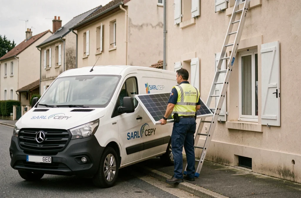 Technicien de la SARL CEPY déchargeant des panneaux solaires devant une maison résidentielle en Anjou