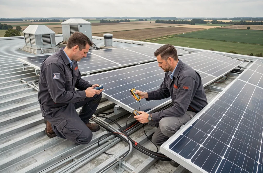 Deux ingénieurs de la Société Installation Maintenance Energétique effectuant un diagnostic sur des panneaux solaires industriels