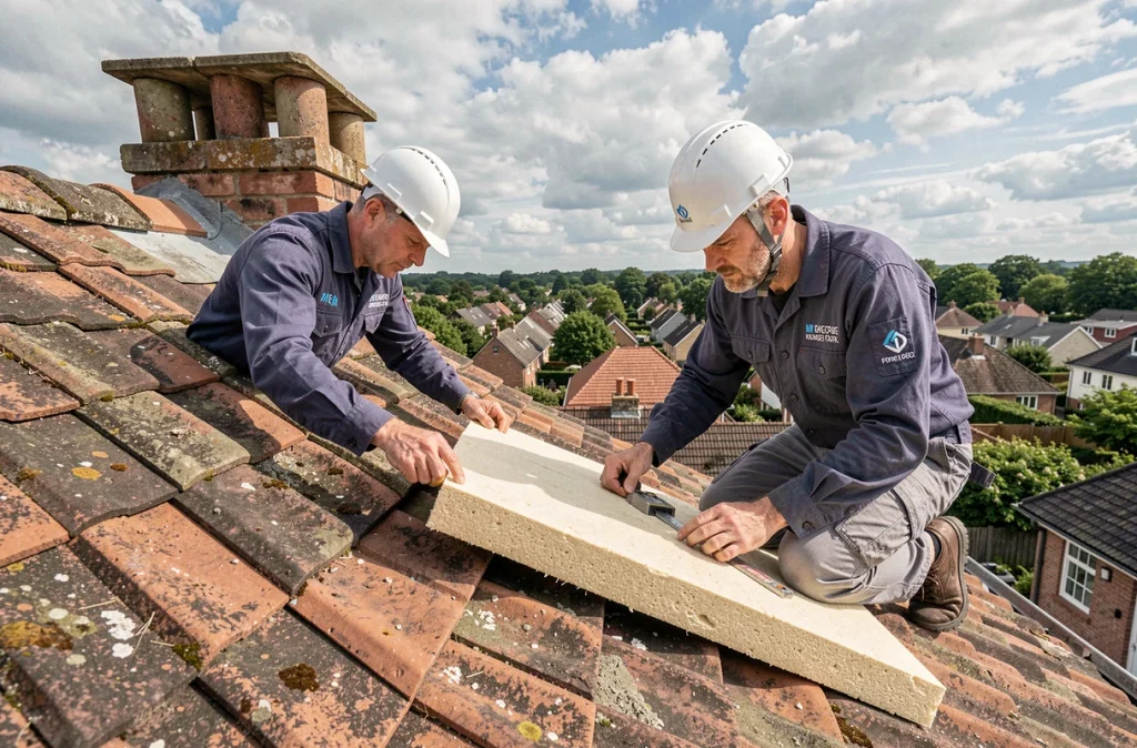 Techniciens en train d'installer une isolation thermique de toiture lors d'un chantier de rénovation énergétique