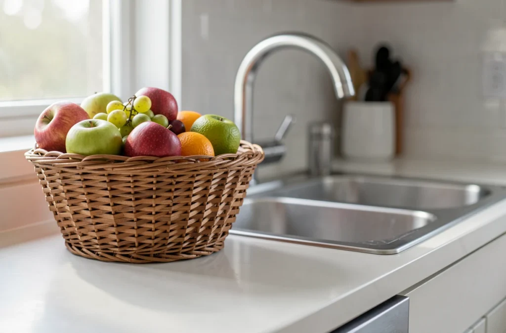 Corbeille de fruits propre posée près d'un évier de cuisine