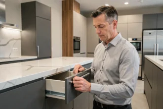 Cuisiniste professionnel examinant un meuble de cuisine moderne dans un showroom du Val-de-Marne