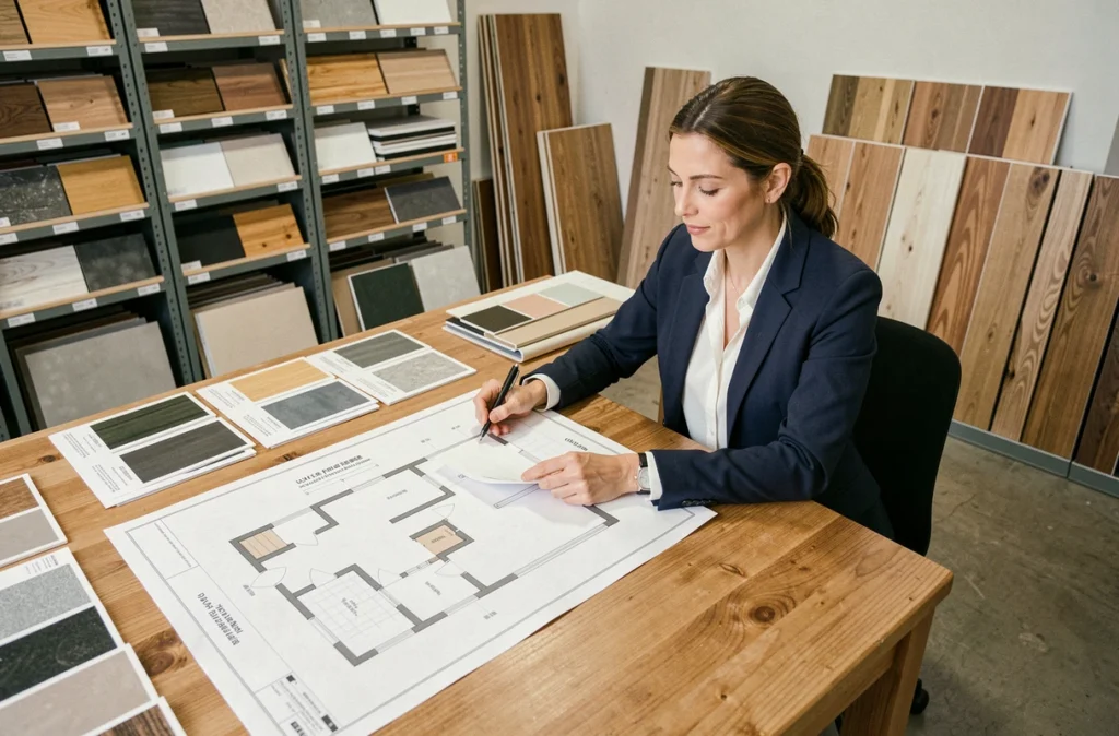 Designer de cuisine féminine consultant des plans et échantillons de matériaux dans un atelier de conception à Val-de-Marne