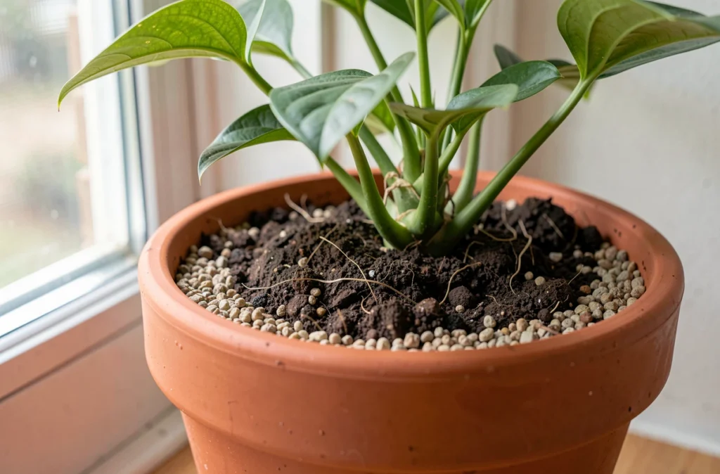 Plante d'intérieur en pot avec terreau sec en surface
